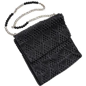 Vintage black evening bag beaded purse silver chain strap EUC